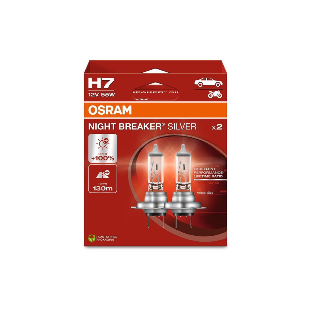 Set 2 becuri H7 OSRAM Night Breaker Silver +100% lumina omologat pentru utilizare legala.