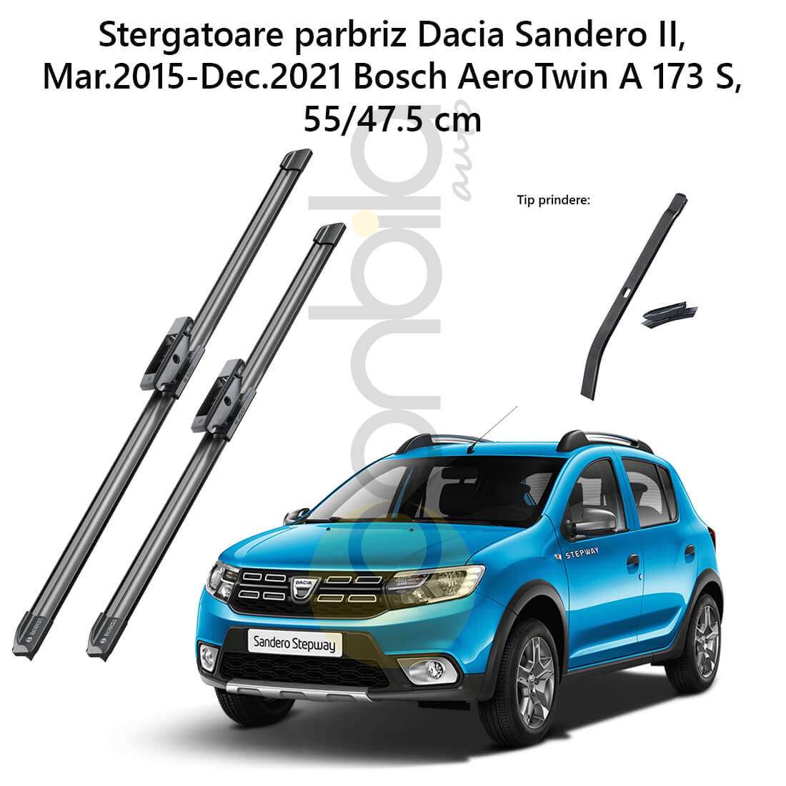 Stergatoare Dacia Sandero II, Mar.2015-Dec.2021 Bosch AeroTwin A 173 S, 55/47.5 cm 1 Stergatoare Dacia Sandero II 2015-2021 Bosch AeroTwin A173S – compatibile cu Sedan. Vizibilitate maxima si durabilitate extinsa.