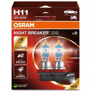 Set 2 becuri H11 OSRAM Night Breaker 220 +220% lumina omologat pentru utilizare legala.