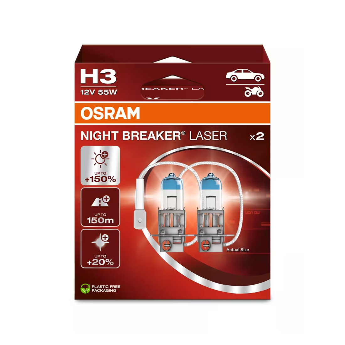 Set 2 becuri H3 OSRAM Night Breaker Laser +150% lumina omologat pentru utilizare legala.